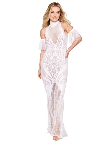 Bodystocking dress in fishnet and white lace - DG0490WHT