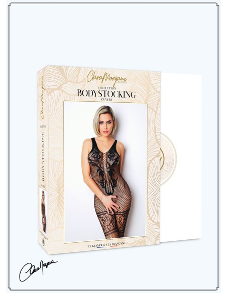 Bodystocking van fijn zwart visnet met vetersluiting - Le Numéro 14 - Bodystocking Collectie - CM99014