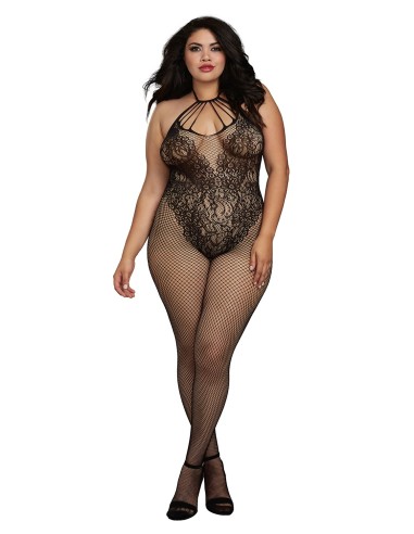 Grote maten visnetbodystocking in bodysuitstijl met prachtige halslijn met bandjes - DG0326XBLK