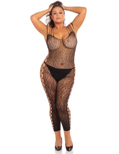 Jumpsuit, Plus Size, Leopard Print Open Crotch - REN7076X-BLK