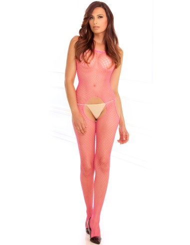 Pink mesh bodystocking open front and back - REN7002-PNK