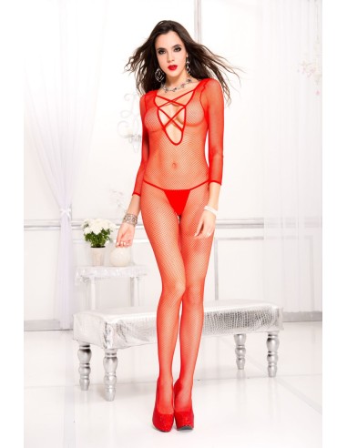 Long-sleeved jumpsuit, open crotch, imitation lace-up V-neckline in front - ML1209RED