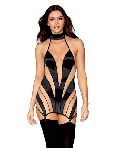 Stylish black and transparent nightie with suspender belt - DG13376BLK