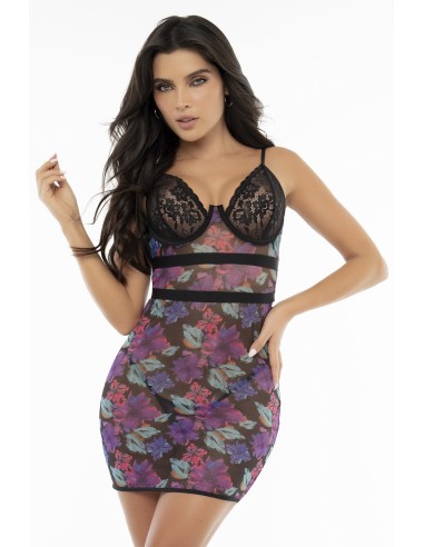 Black fishnet and lace nightie with exotic flower print - MAL7497PRT