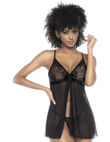 Babydoll negro de encaje y malla con frente abierto - MAL7501BLK