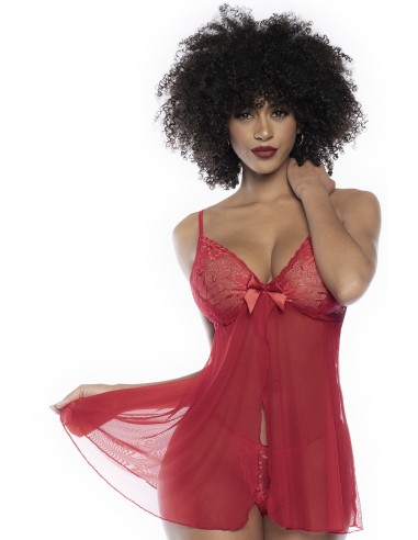 Babydoll en dentelle et résille rouge ouvert sur le devant - MAL7501RED