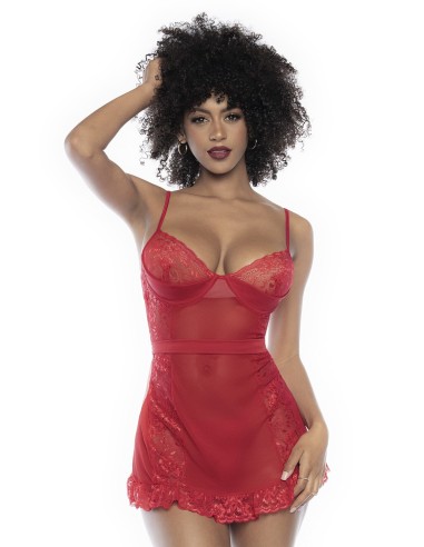 Nuisette en dentelle et résille rouge avec string assorti - MAL7507RED