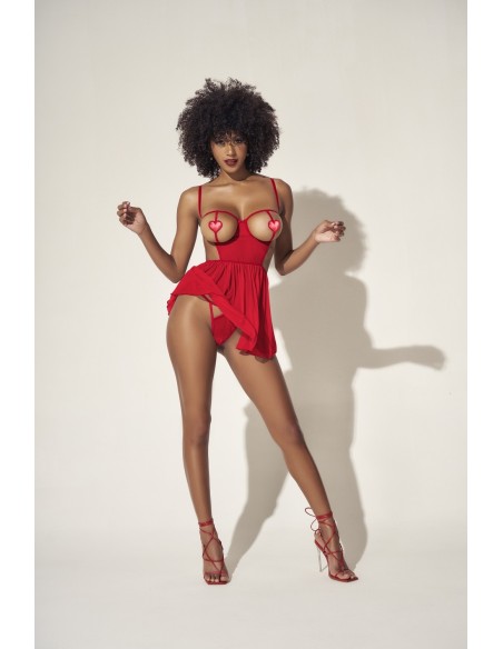 Fijne rode visnetnachtjapon met open cups en string - MAL7508RED