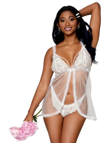 Babydoll blanche avec perles et string assorti - DG12834WHT