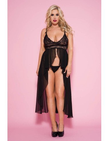 Camisón largo transparente negro de talla grande - ML53019XBLK