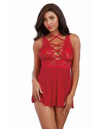 Babydoll rojo con adornos y braguita a juego - DG11543RUB