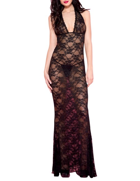 Long black nightie with floral lace neckline - ML53012BLK
