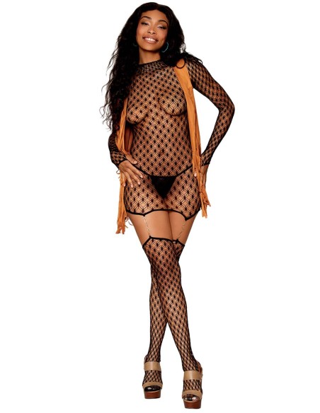 Black mesh garter dress with geometric shape with gold chain suspenders - DG0481BLK
