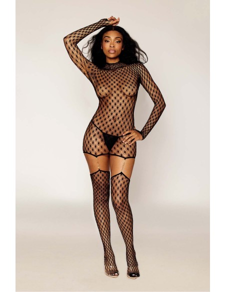 Black mesh garter dress with geometric shape with gold chain suspenders - DG0481BLK