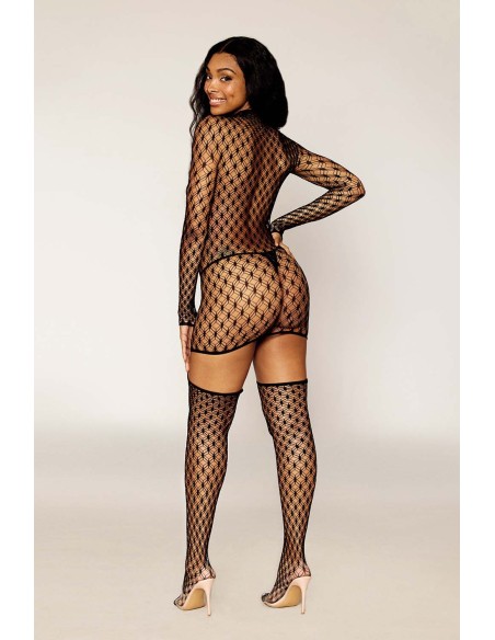 Black mesh garter dress with geometric shape with gold chain suspenders - DG0481BLK