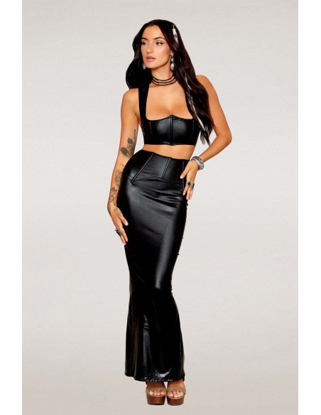Conjunto sujetador y falda larga efecto piel negro - DG13198BLK