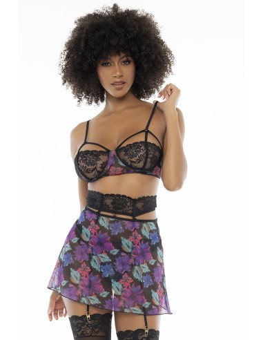 Two-in-one, black nightie and three-piece set, exotic flower fabric - MAL7496PRT