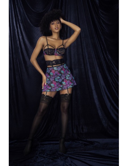 Conjunto dos en uno, camisón y tres piezas negro, tejido de flores exóticas - MAL7496PRT