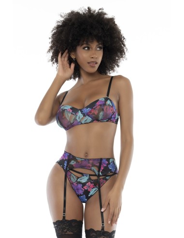 Black three-piece set with exotic flower print - MAL8770PRT