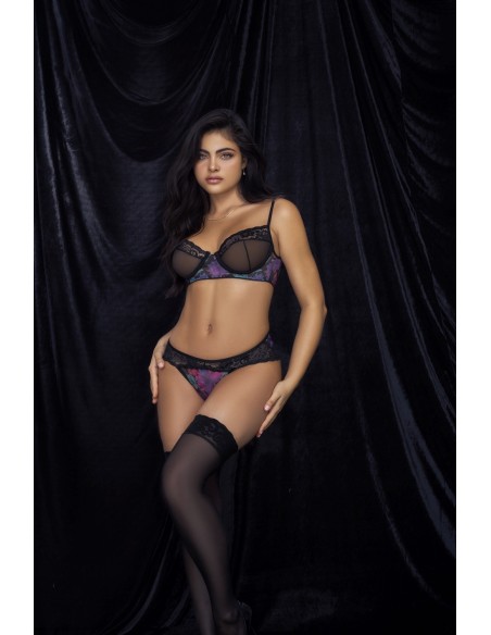 Two-piece black lingerie set with exotic flower print - MAL8772PRT