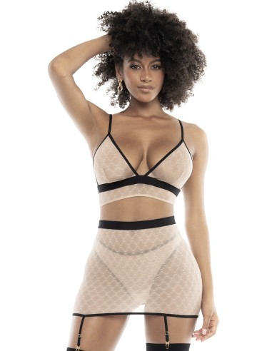 Bra, thong and fishnet skirt Flesh/Black - MAL8776NBL