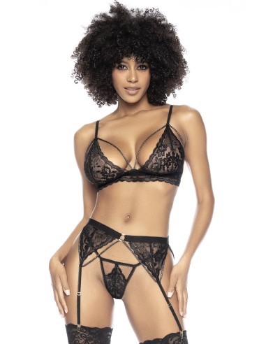 3-piece set in fine black floral lace - MAL8798BLK