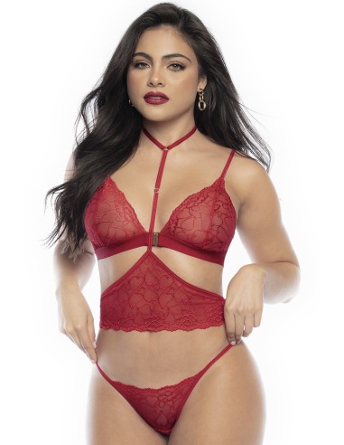 Conjunto lencero de tres piezas de encaje rojo estampado de corazones - MAL8813RED