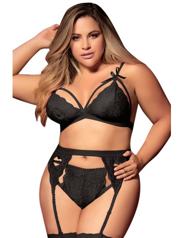 Conjunto de liguero con tanga y sujetador de talla grande, negro, 3 piezas - MAL8221XBLK