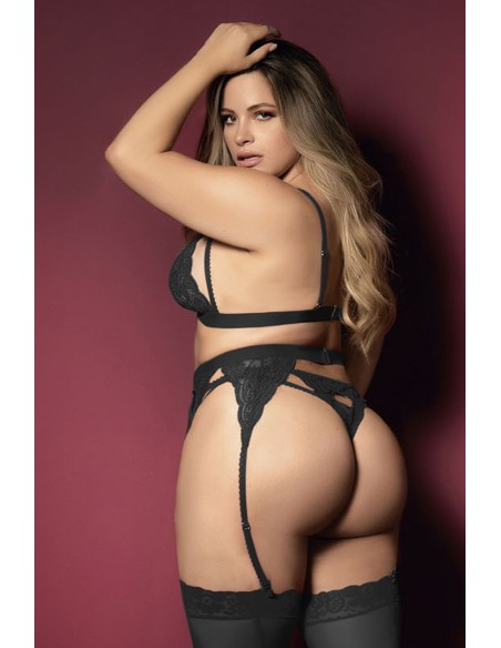 3 Piece Black Plus Size Bra Thong Garter Belt Set - MAL8221XBLK