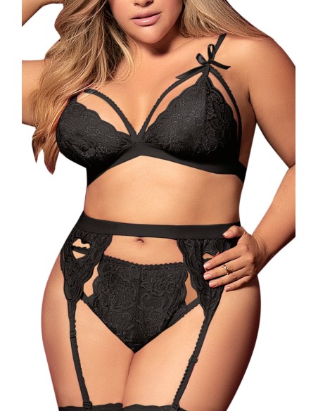 3 Piece Black Plus Size Bra Thong Garter Belt Set - MAL8221XBLK