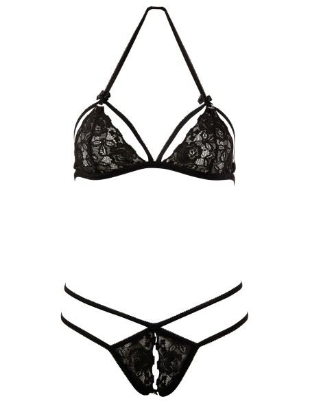 Black lace bra with detachable cups and thong - R221125410