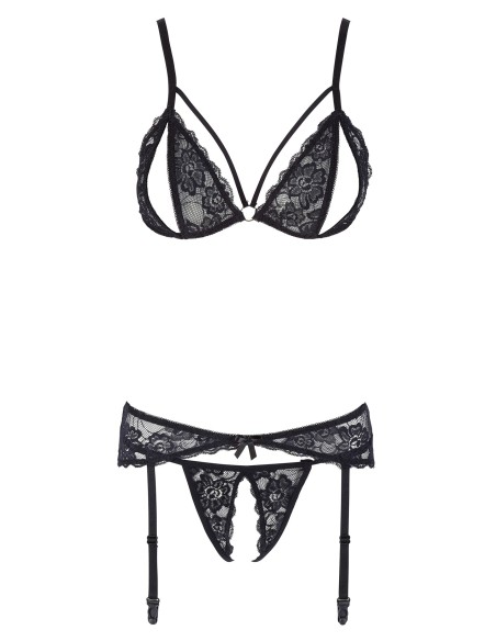 Conjunto de tres piezas con sujetador dividido, liguero y tanga negro - R2230348