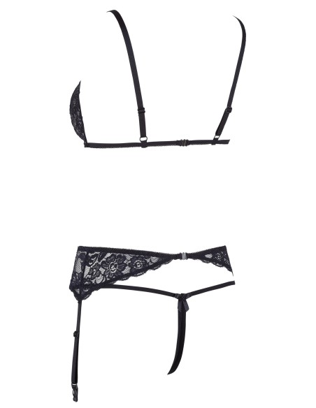 Conjunto de tres piezas con sujetador dividido, liguero y tanga negro - R2230348