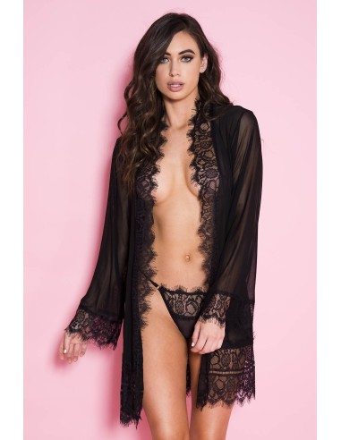 Lace-finish fishnet bathrobe and matching thong - ML60103BLK