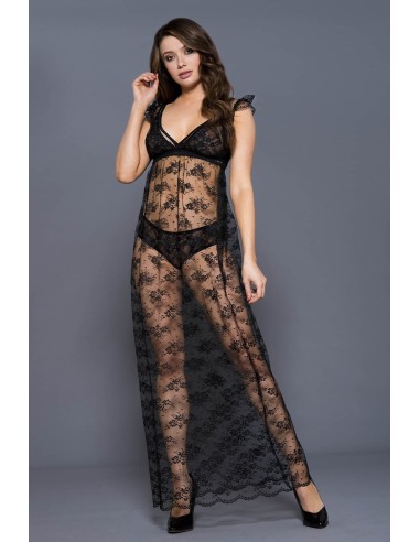 Long black floral lace nightie - ML53015BLK