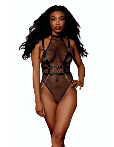 Fishnet bodysuit with faux leather harness and chains - DG13291BLK