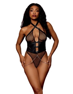 Zwarte bodysuit met visnet en kettingstring - DG13292BLK
