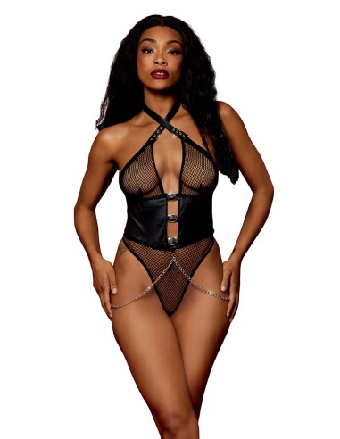 Black fishnet and chain thong bodysuit - DG13292BLK