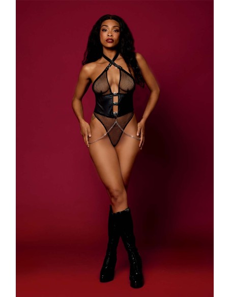 Zwarte bodysuit met visnet en kettingstring - DG13292BLK