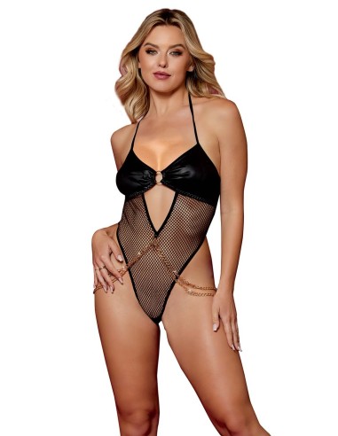 Thong bodysuit with gold chain at the waist - DG13294BLK