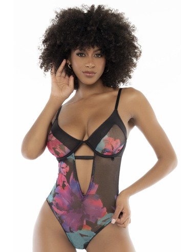 Black exotic flower print bodysuit - MAL8774PRT