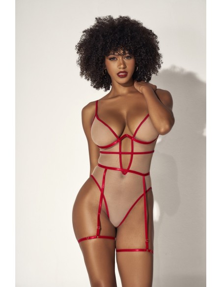 Nude bodysuit en sexy rode stiksels - MAL8818RED