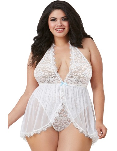 Plus size white thong bodysuit with open babydoll effect neckline - DG11513XWHT