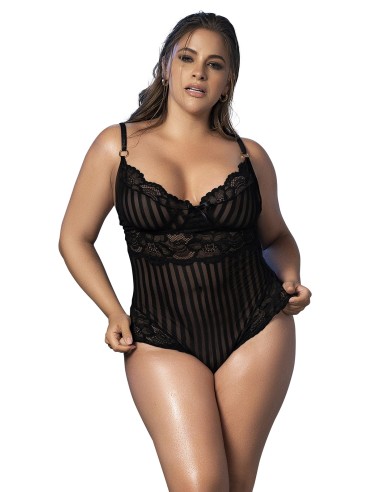 Body de encaje negro, encaje a rayas y rejilla fina - MAL8631XBLK