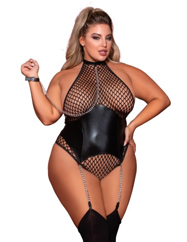 Large size wide fishnet bodysuit and faux leather suspender belt with chains - DG12495XBLK