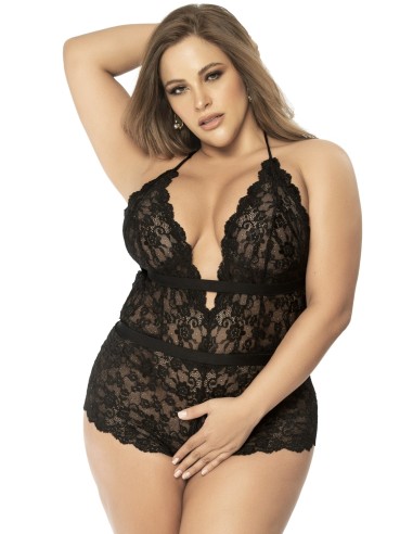 Plus Size Black Floral Lace Open Back Bodysuit - MAL8685XBLK