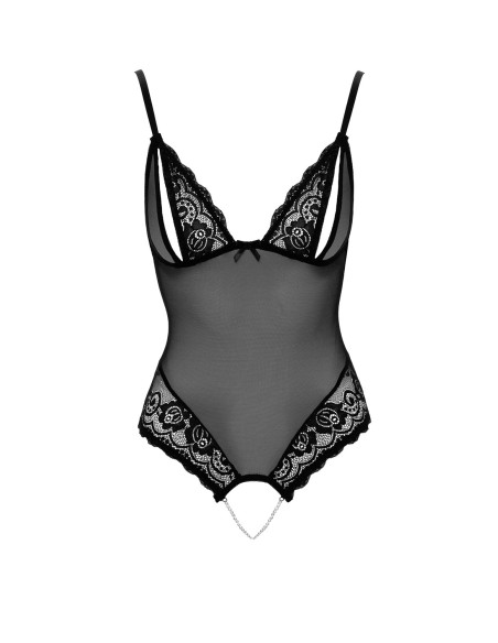 Black lace and fishnet thong bodysuit with pearls at the crotch - R2642425