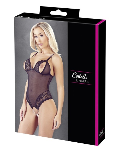 Black lace and fishnet thong bodysuit with pearls at the crotch - R2642425