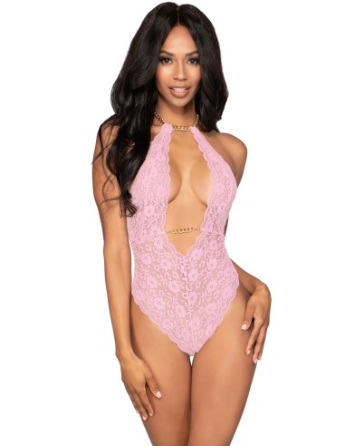 Body rosa de encaje elástico con cadenas extraíbles - DG12483PNK