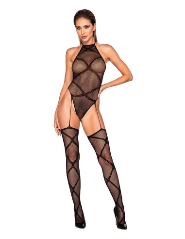 Black fishnet bodysuit with integrated garters - DG0385BLK